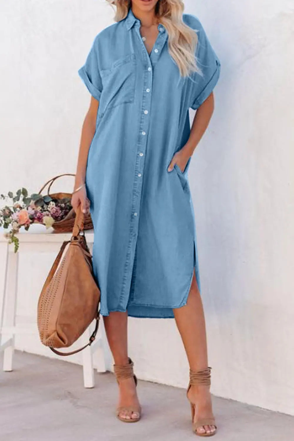 Slit Button Up Short Sleeve Imitation Denim Dress – Makuwa Swim Wear