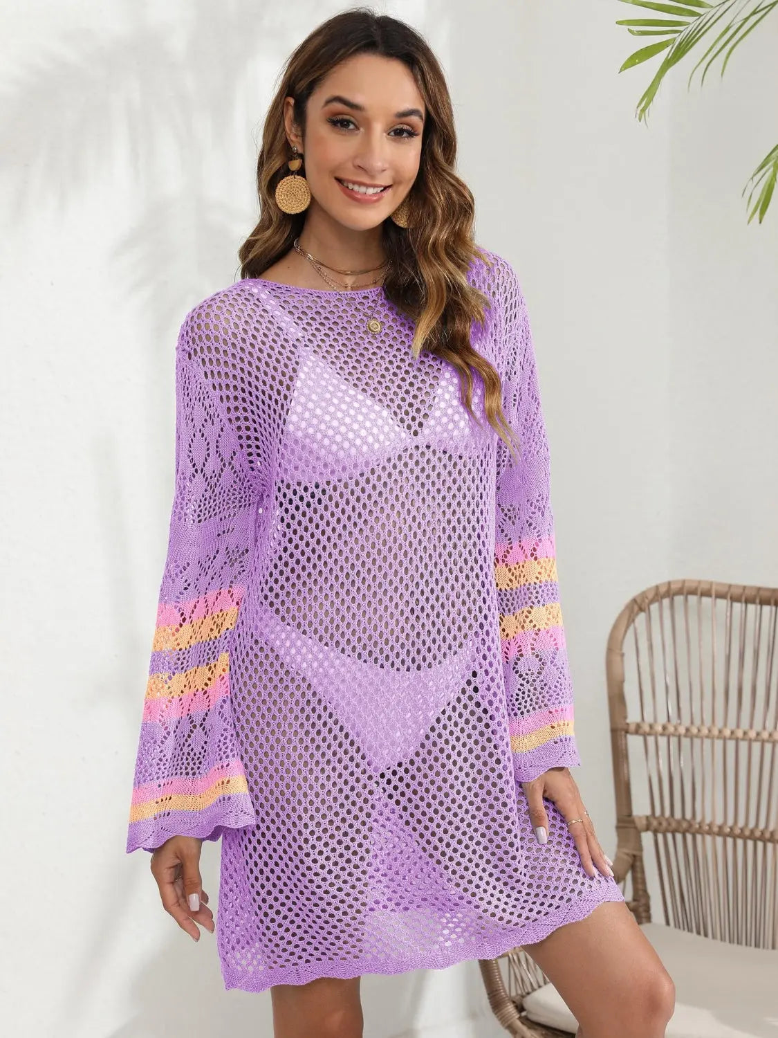 Openwork Contrast Long Sleeve Cover-Up Trendsi