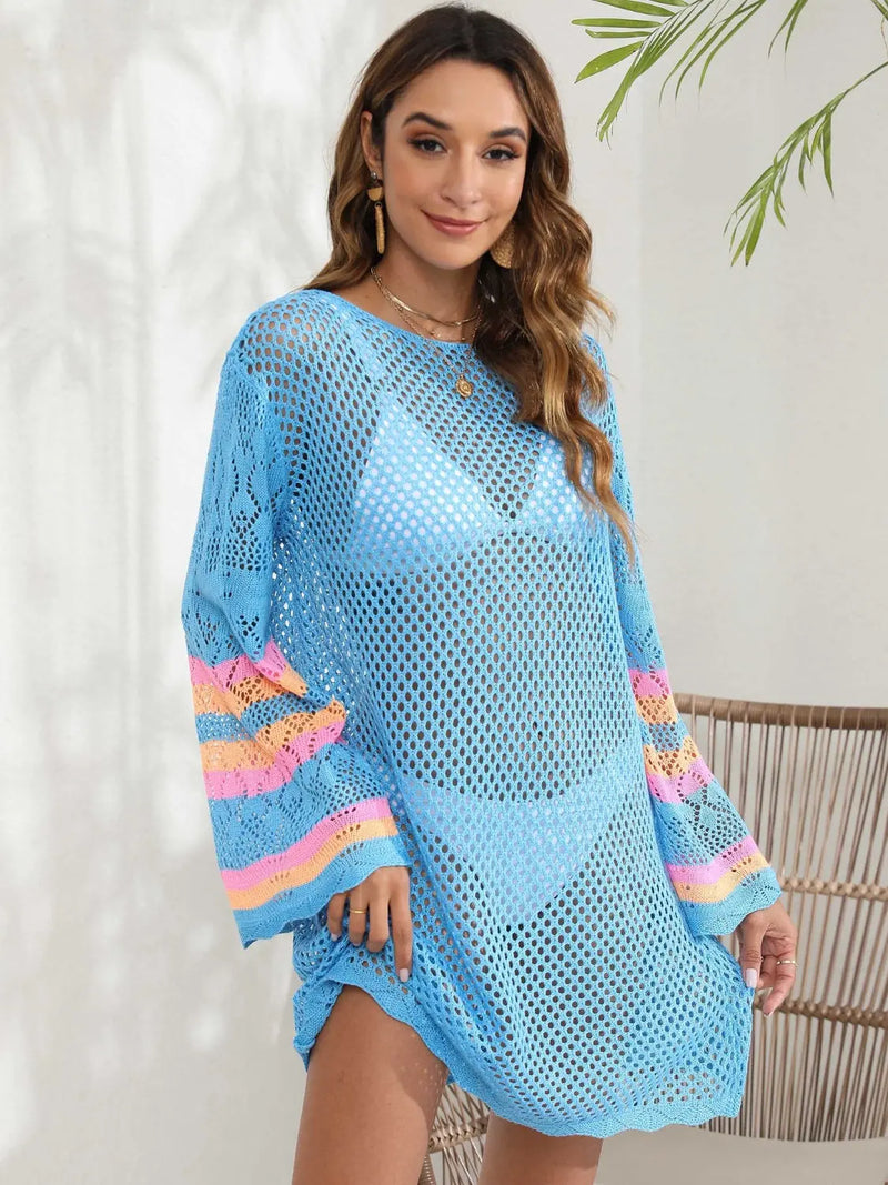 Openwork Contrast Long Sleeve Cover-Up Trendsi