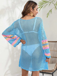 Openwork Contrast Long Sleeve Cover-Up Trendsi