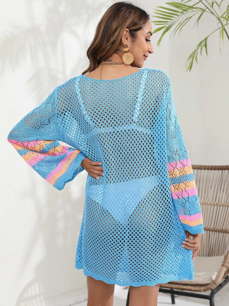 Openwork Contrast Long Sleeve Cover-Up Trendsi