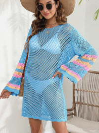 Openwork Contrast Long Sleeve Cover-Up Trendsi
