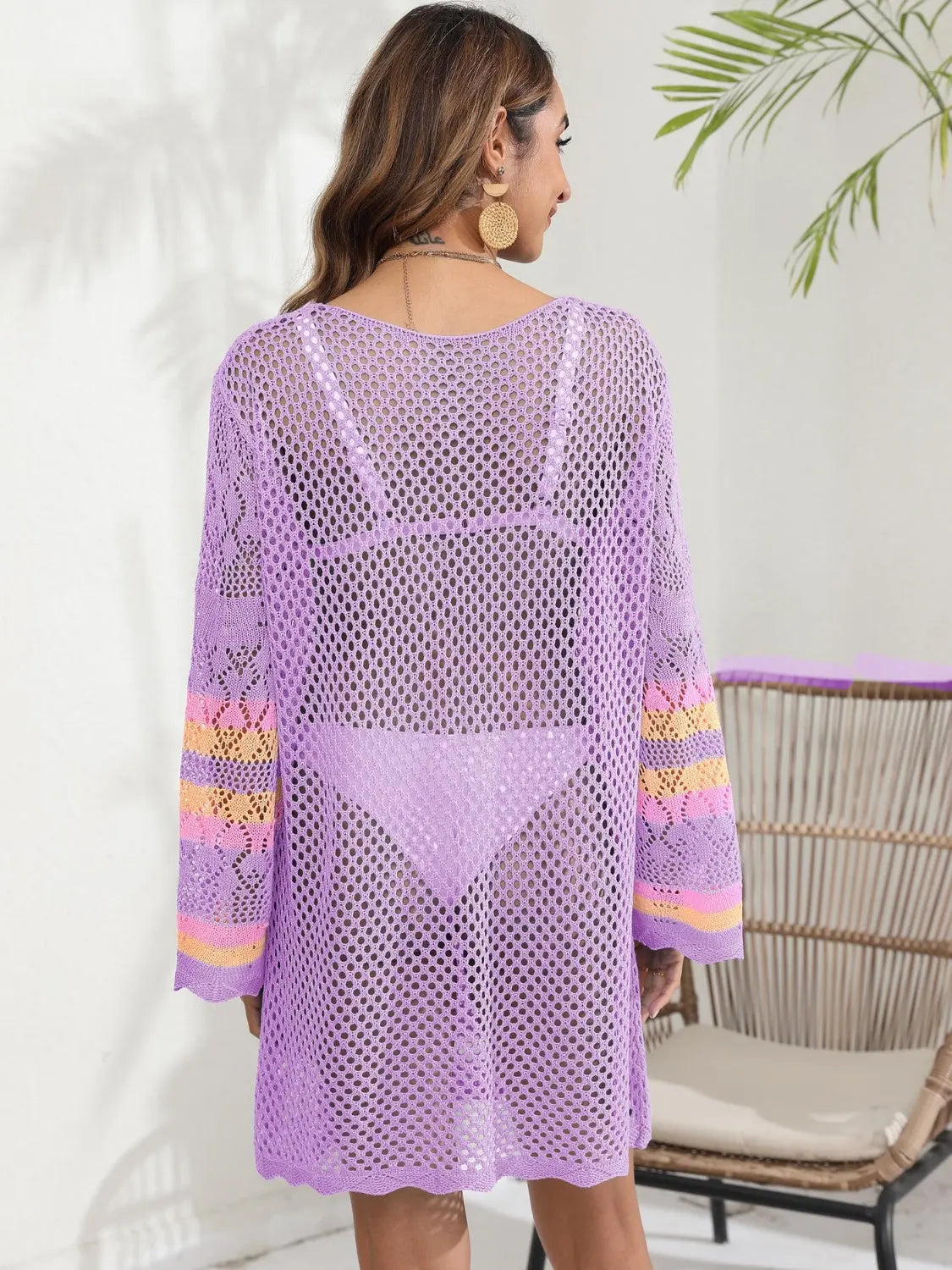 Openwork Contrast Long Sleeve Cover-Up Trendsi