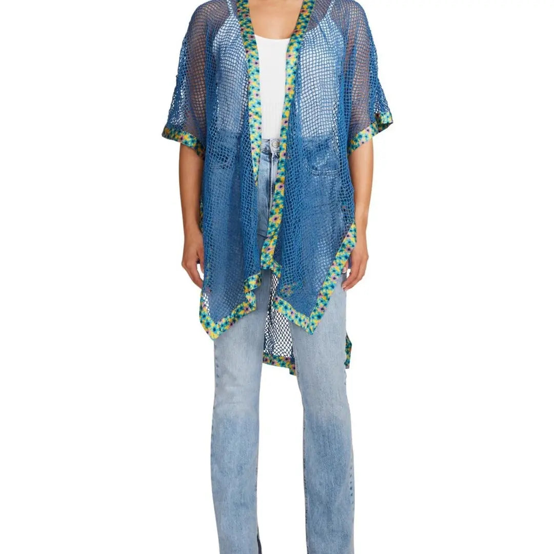 Steve Madden Women's Open Wave Mesh Blue Boarder Kimono Steve Madden