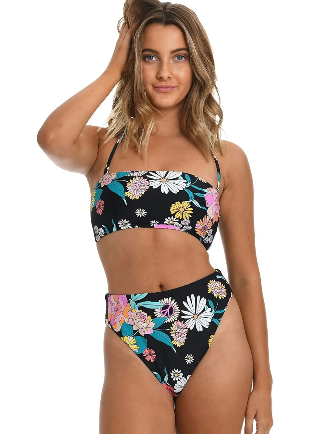 Hobie Women's Standard Bandeau Bra Bikini Swimsuit Top, Black//Peace, Love, & Daisies Hobie