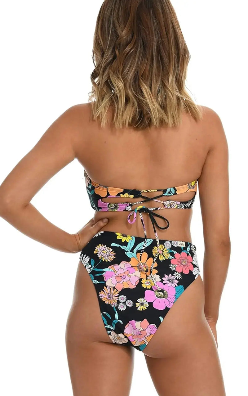 Hobie Women's Standard Bandeau Bra Bikini Swimsuit Top, Black//Peace, Love, & Daisies Hobie