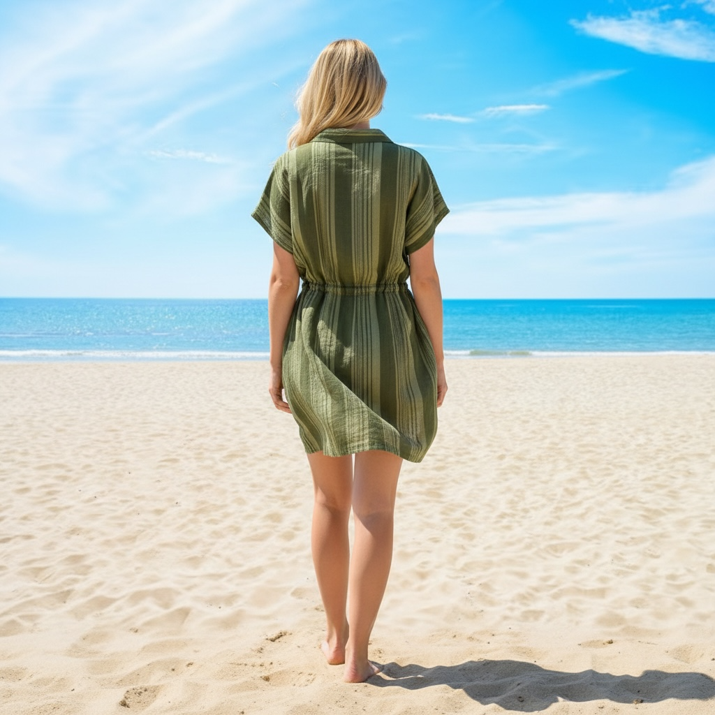 prAna Women's Marina Bay Tunic Olive Green Striped Swim Cover-Up