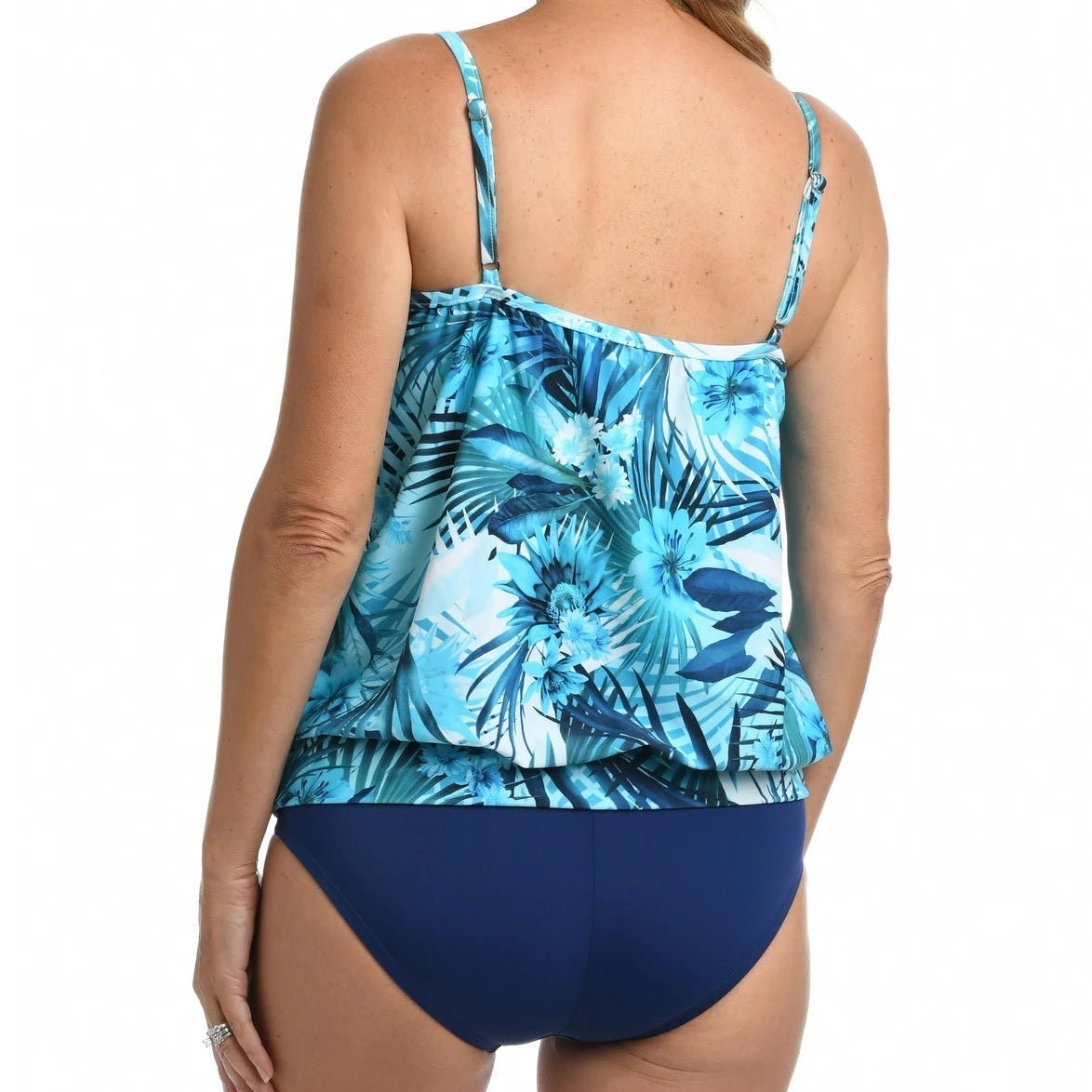 Maxine of Hollywood Women’s Indigo Palms Banded Blouson Tankini