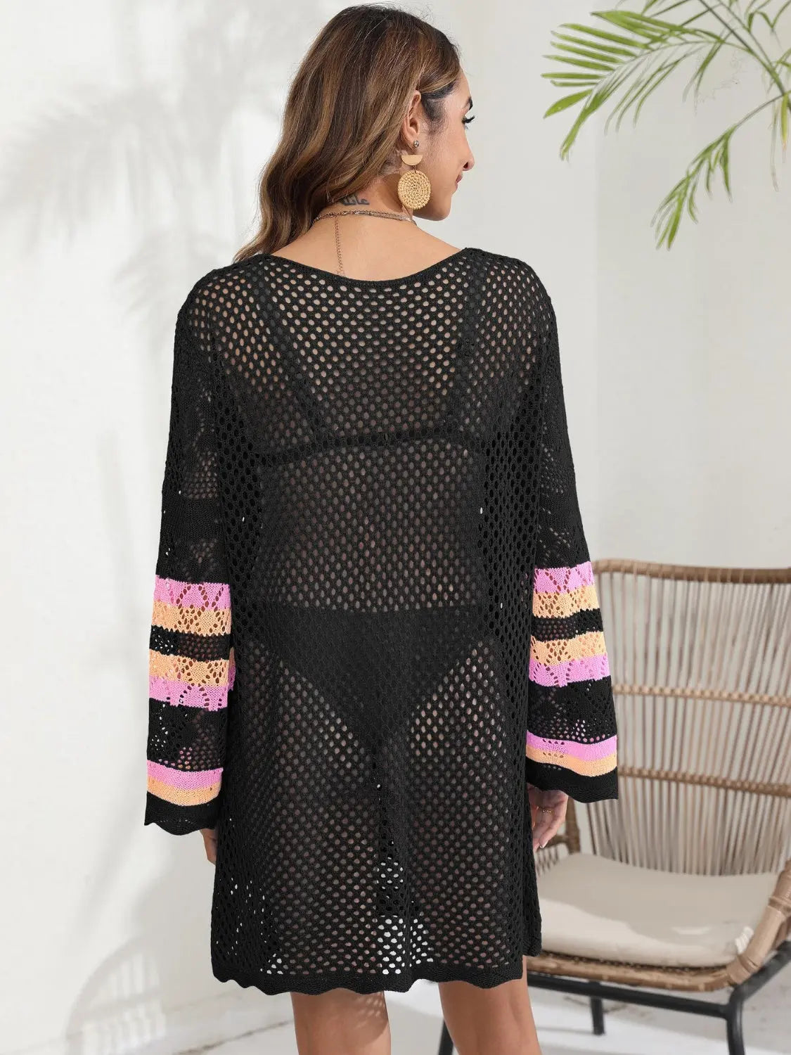 Openwork Contrast Long Sleeve Cover-Up Trendsi