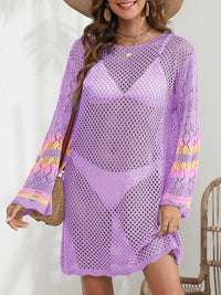 Openwork Contrast Long Sleeve Cover-Up Trendsi