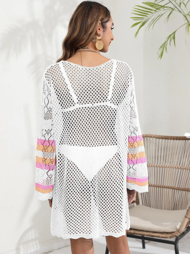 Openwork Contrast Long Sleeve Cover-Up Trendsi