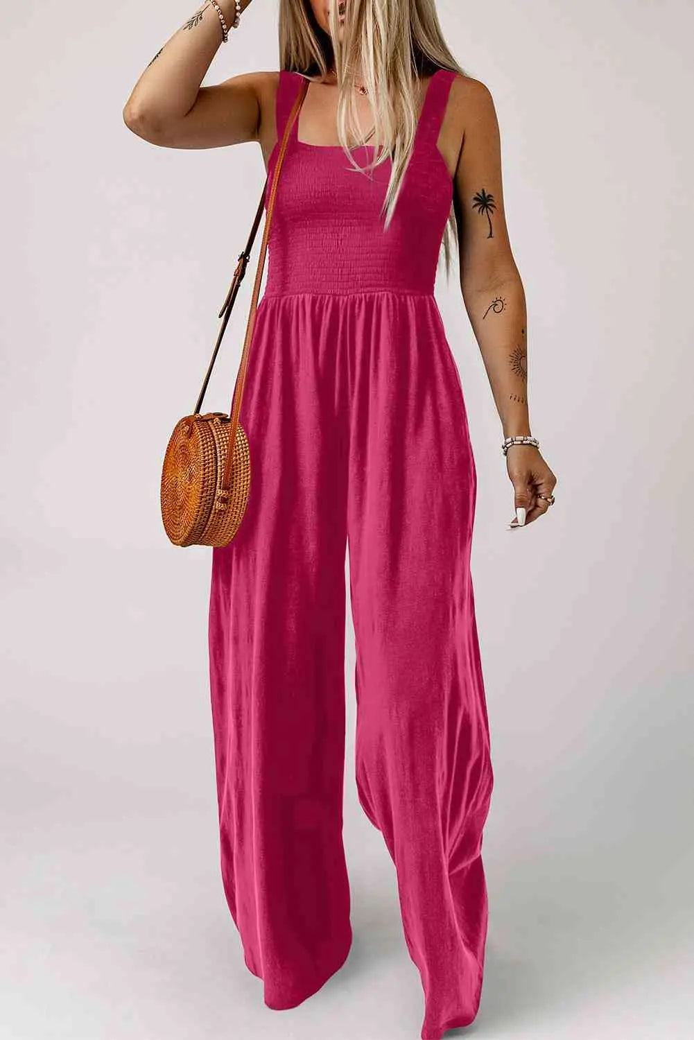 Smocked Square Neck Wide Leg Jumpsuit with Pockets - Makuwa Swim Wear