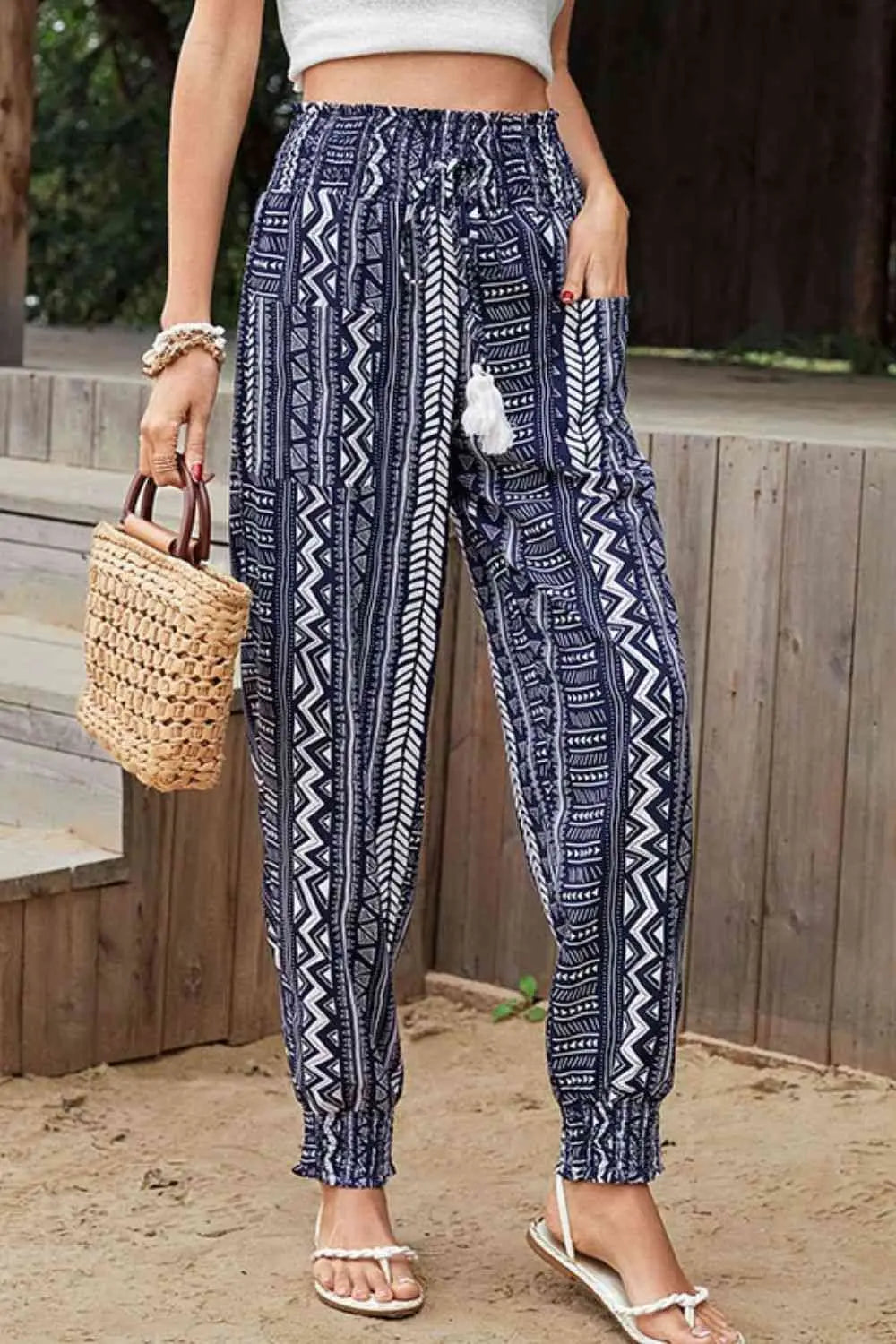 Geometric Print Tassel High-Rise Pants Trendsi