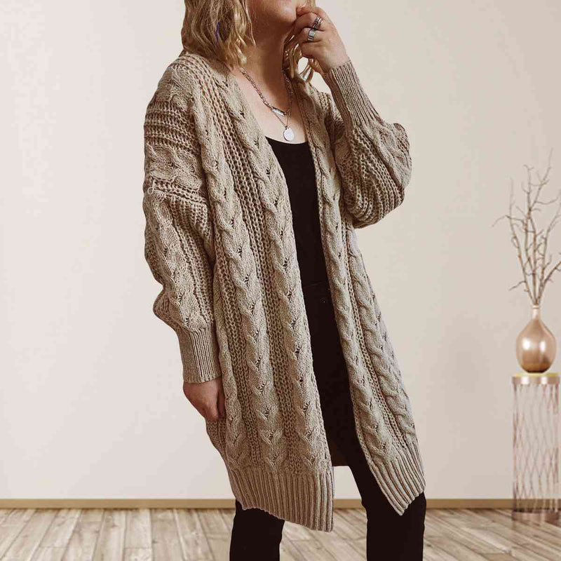 Cable-Knit Open Front Dropped Shoulder Cardigan Trendsi