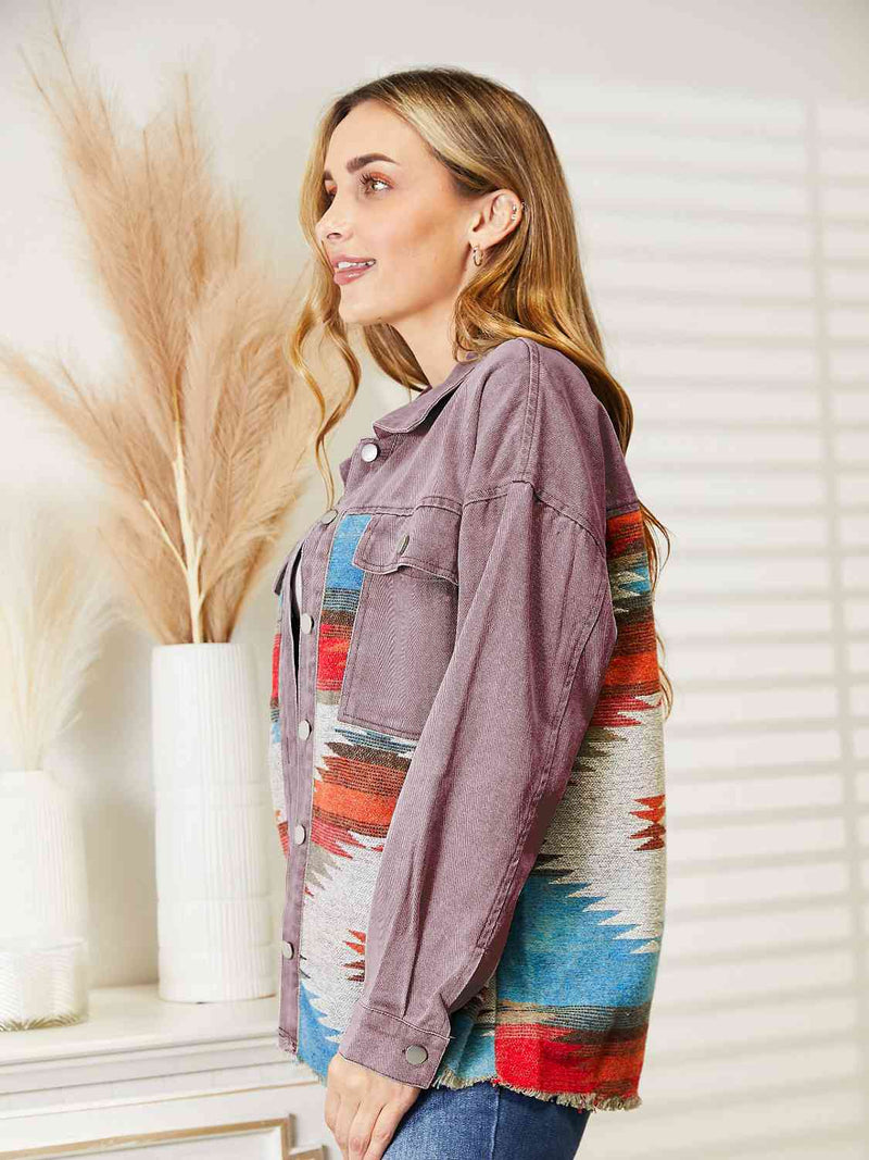 Dropped Shoulder Long Sleeve Printed Denim Jacket Trendsi