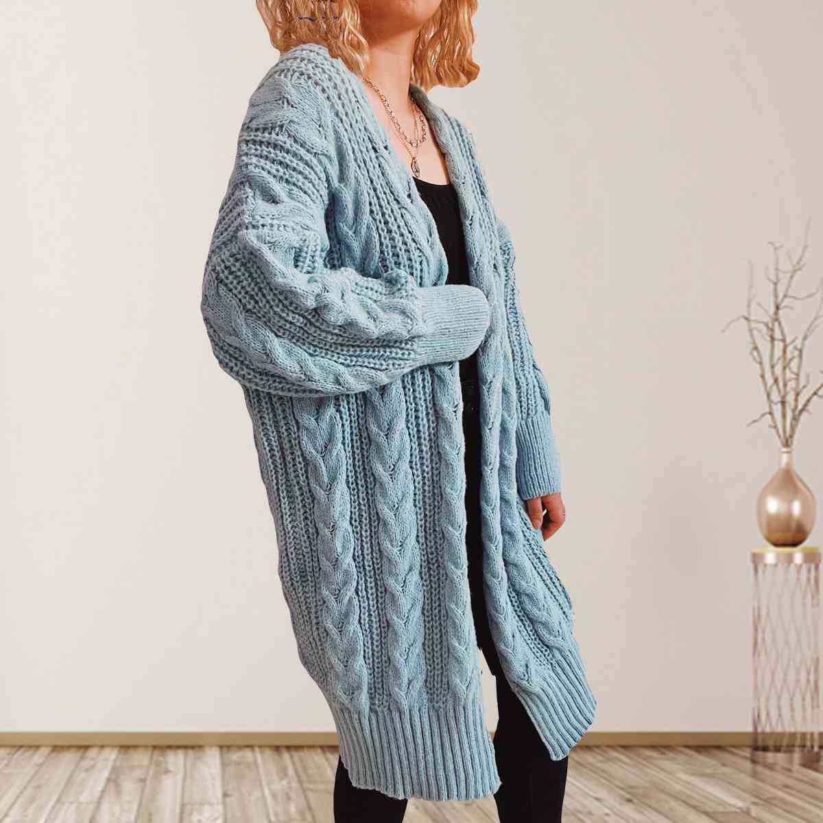Cable-Knit Open Front Dropped Shoulder Cardigan Trendsi
