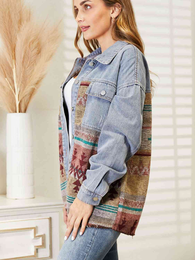 Collared Neck Dropped Shoulder Denim Jacket Trendsi