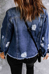 Mixed Print Distressed Button Front Denim Jacket - Makuwa Swim Wear