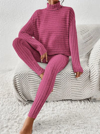 Ribbed Turtleneck Top and Pants Set Trendsi