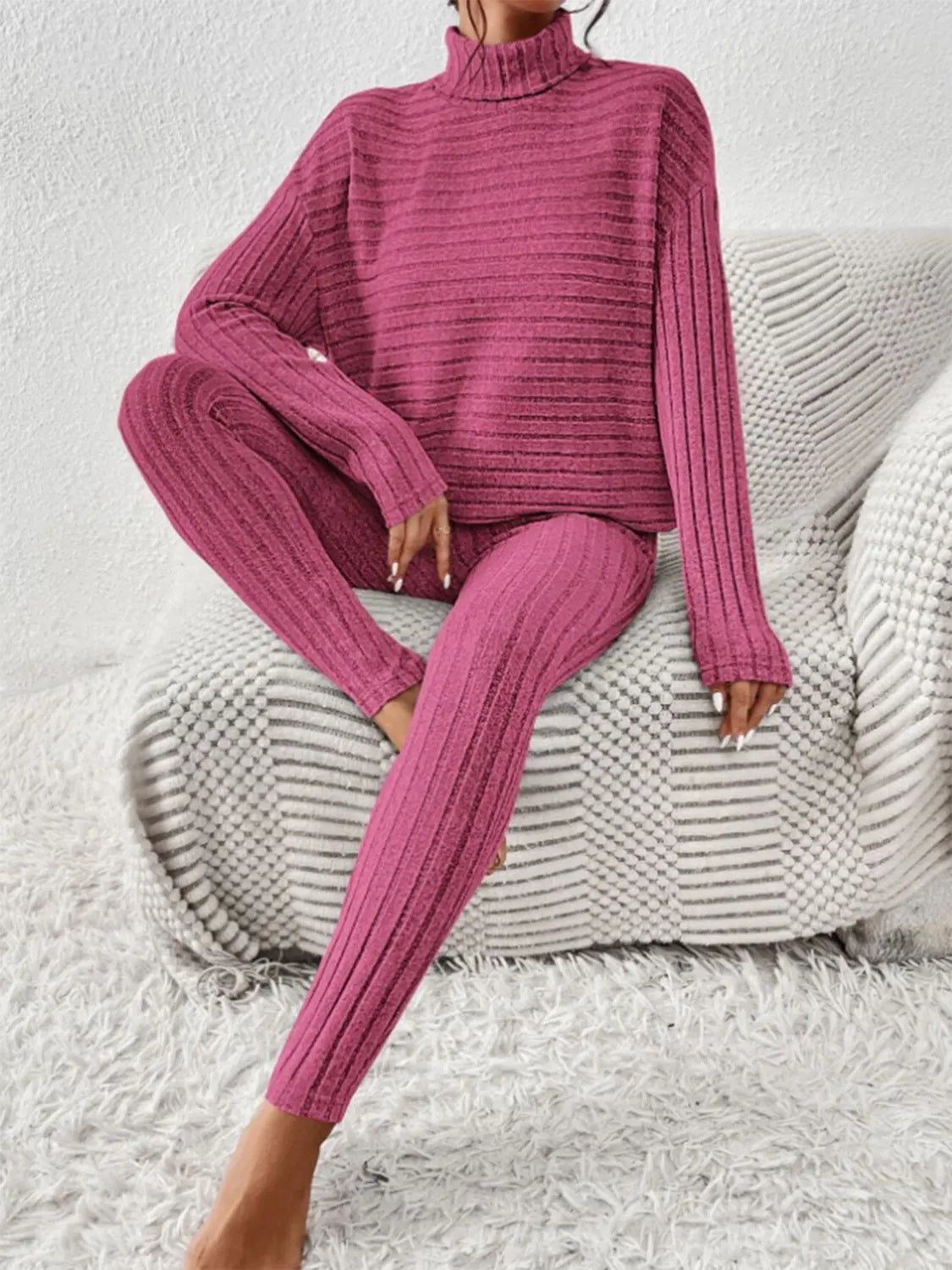 Ribbed Turtleneck Top and Pants Set Trendsi