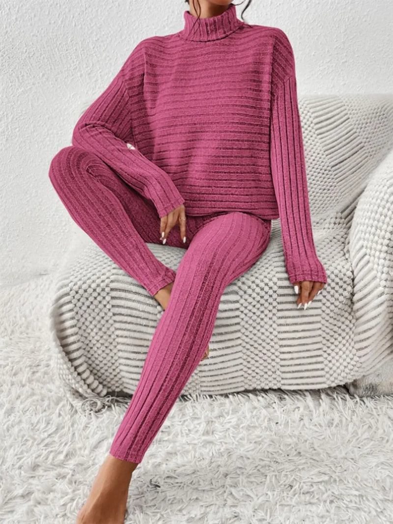 Ribbed Turtleneck Top and Pants Set Trendsi