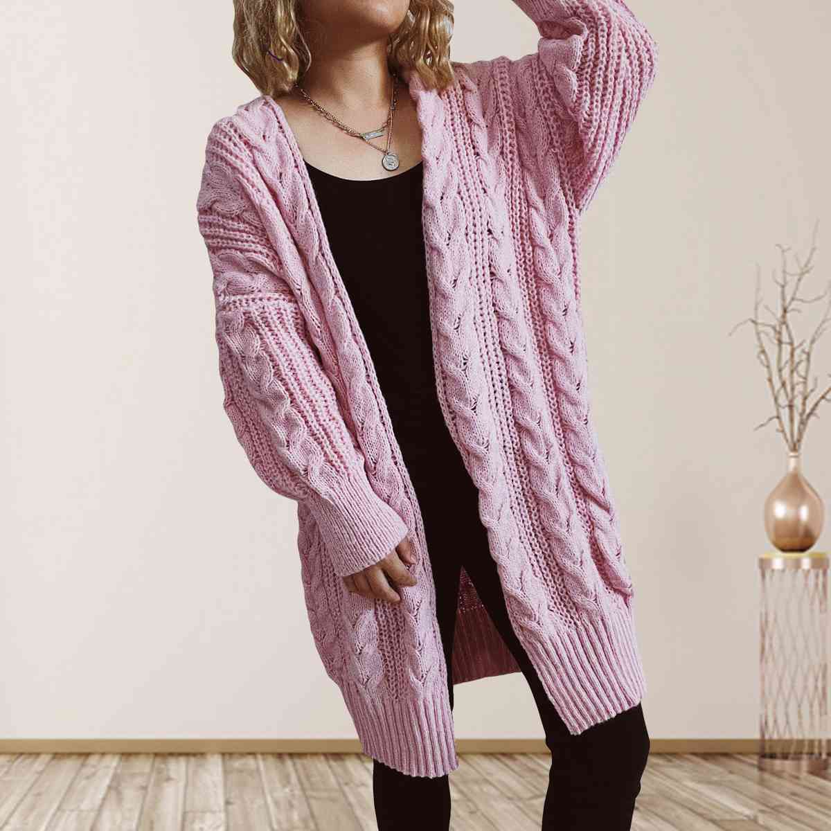 Cable-Knit Open Front Dropped Shoulder Cardigan Trendsi