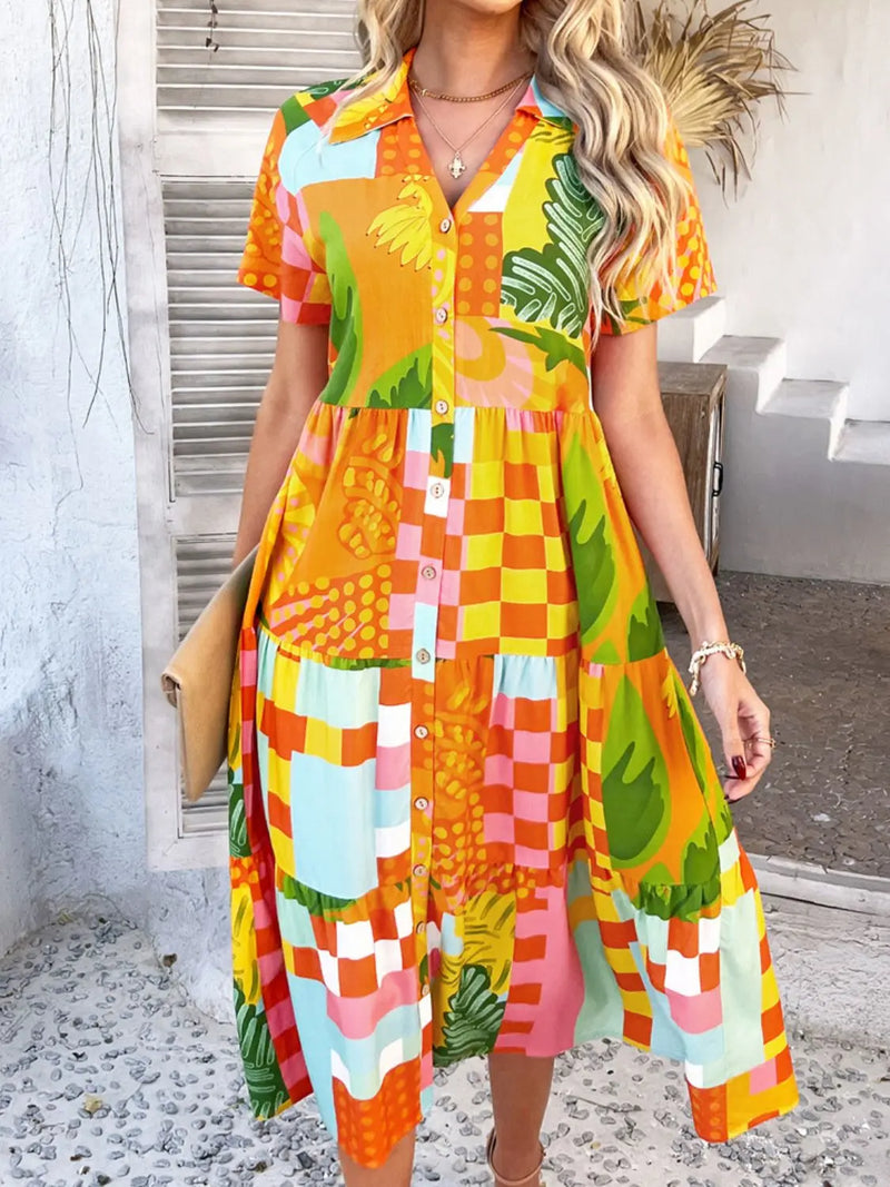 Devine Printed Johnny Collar Button Down Short Sleeve Midi Shirt Dress Trendsi