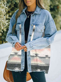 Collared Neck Dropped Shoulder Denim Jacket Trendsi