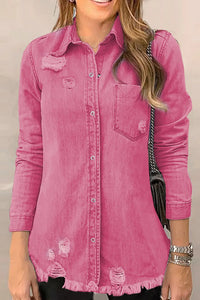 Distressed Raw Hem Snap Down Denim Jacket Trendsi