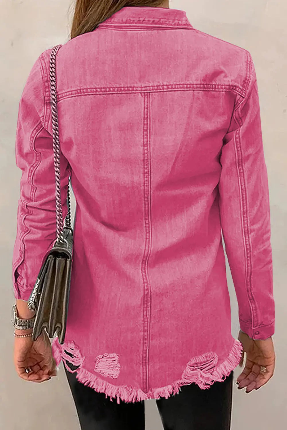 Distressed Raw Hem Snap Down Denim Jacket Trendsi