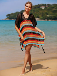 Cutout Striped Cover-Up with Tassel Trendsi