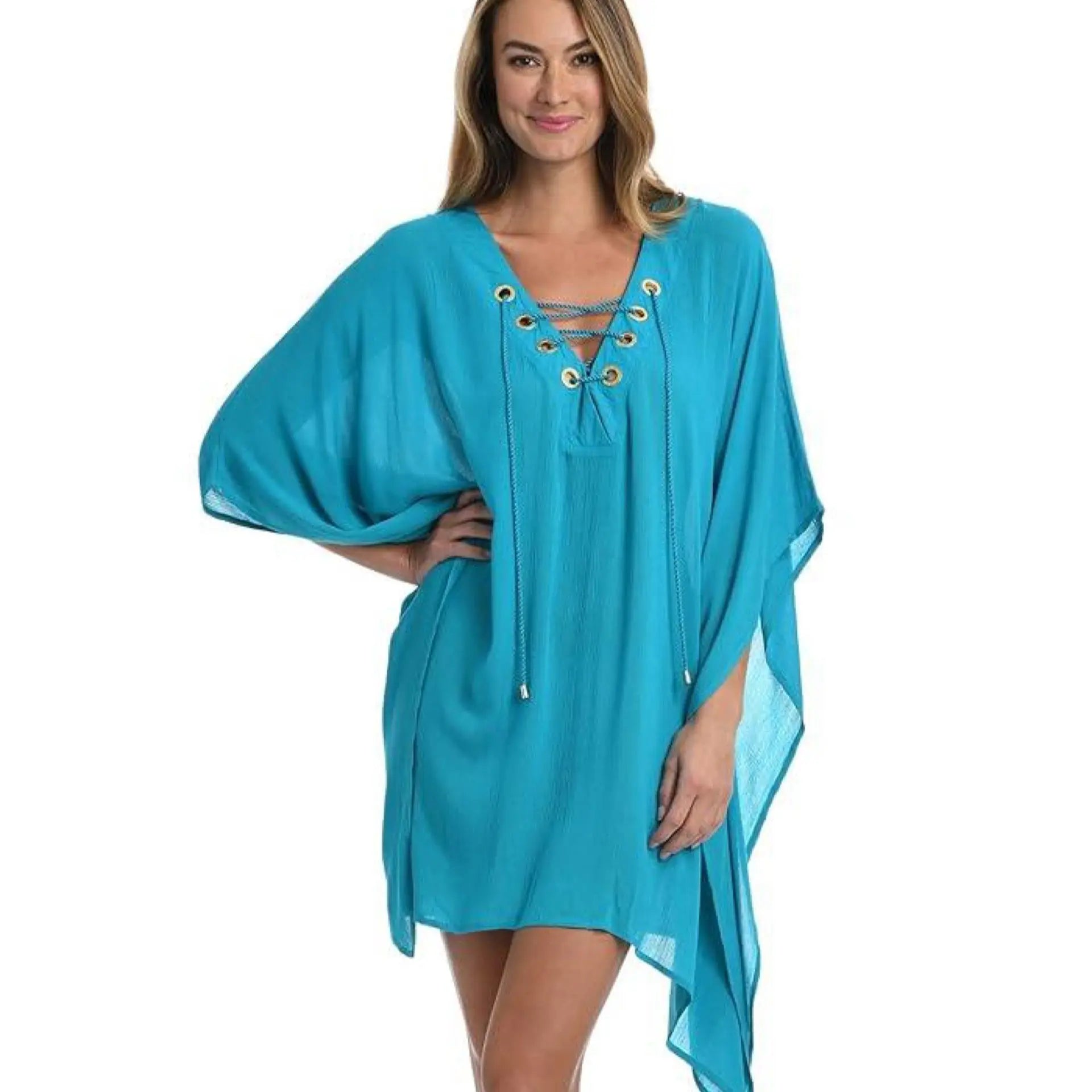 La Blanca Lace-Up Caftan in Turquoise La Blanca