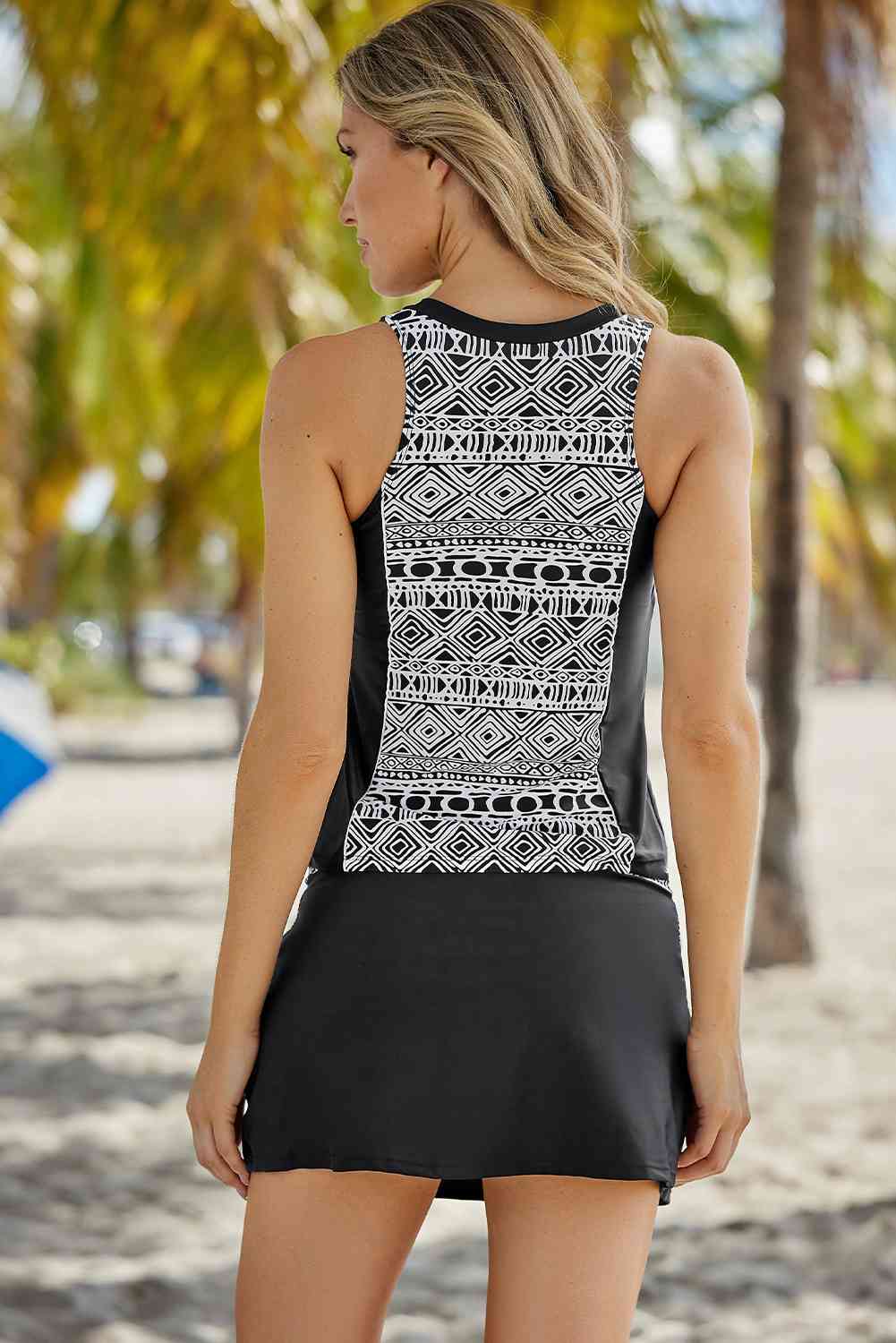 Geometric Print Color Block Swim Top and Skirt Set Trendsi