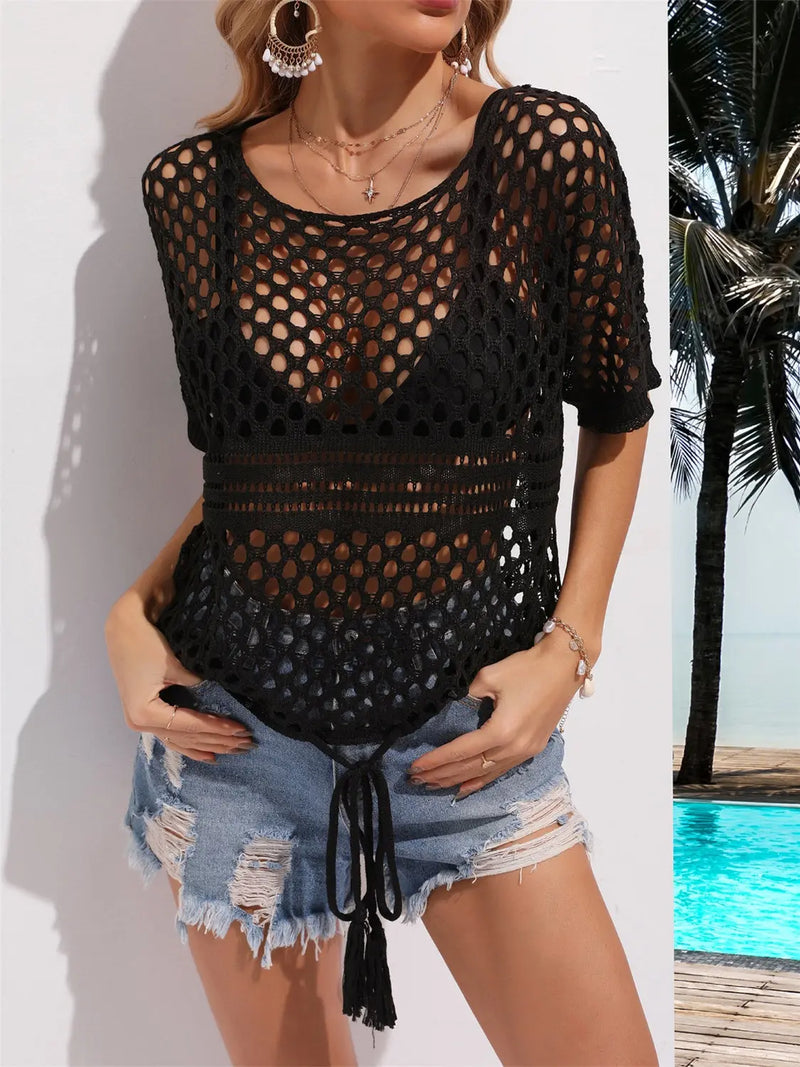 Cutout Round Neck Short Sleeve Cover Up Trendsi