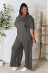 Double Take Full Size Round Neck Slit Top and Pants Trendsi