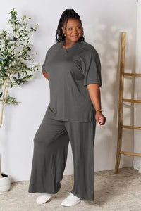 Double Take Full Size Round Neck Slit Top and Pants Trendsi