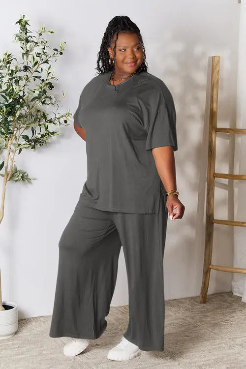 Double Take Full Size Round Neck Slit Top and Pants Trendsi