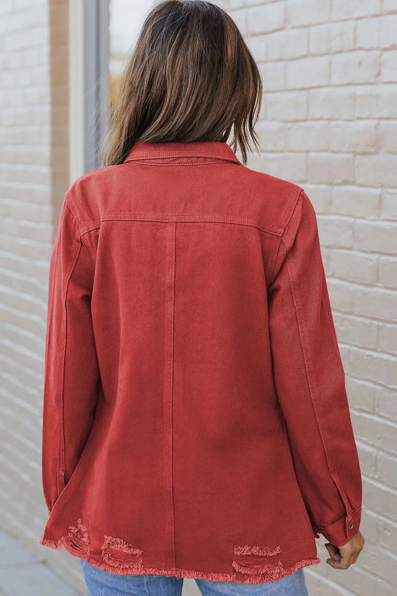 Distressed Raw Hem Snap Down Denim Jacket Trendsi