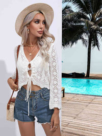Drawstring V-Neck Long Sleeve Cover Up Trendsi