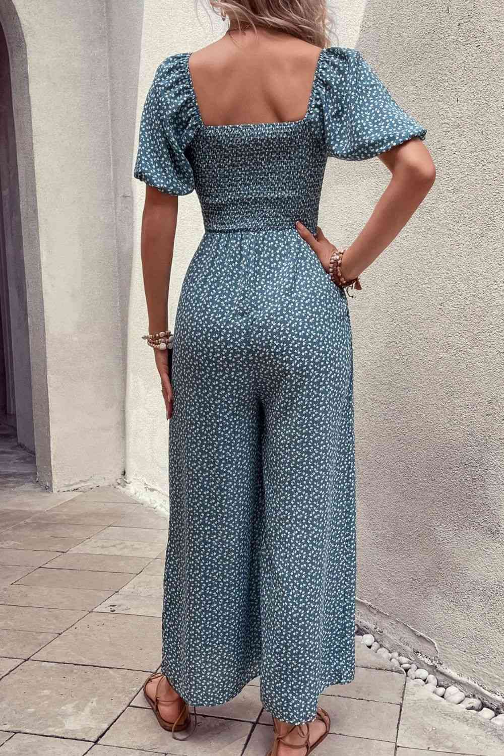 Printed Square Neck Jumpsuit with Pockets Trendsi