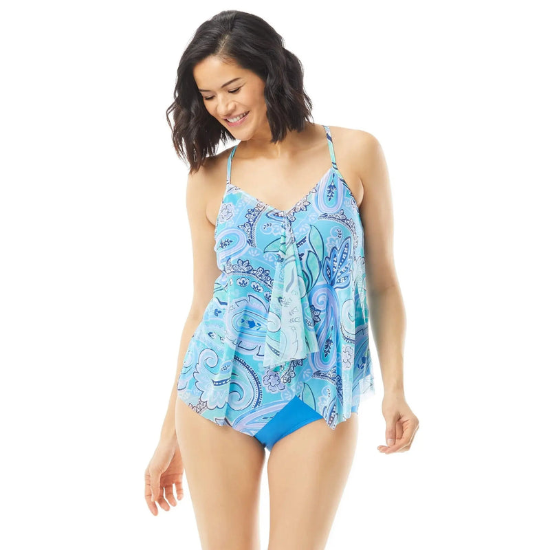 Beach House Ruffle Mesh Layer Underwire Tankini Top — V-Neck Bathing Suit Top — Periwinkle Paisley Makuwa Swim Wear