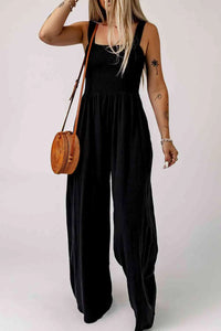 Smocked Square Neck Wide Leg Jumpsuit with Pockets - Makuwa Swim Wear
