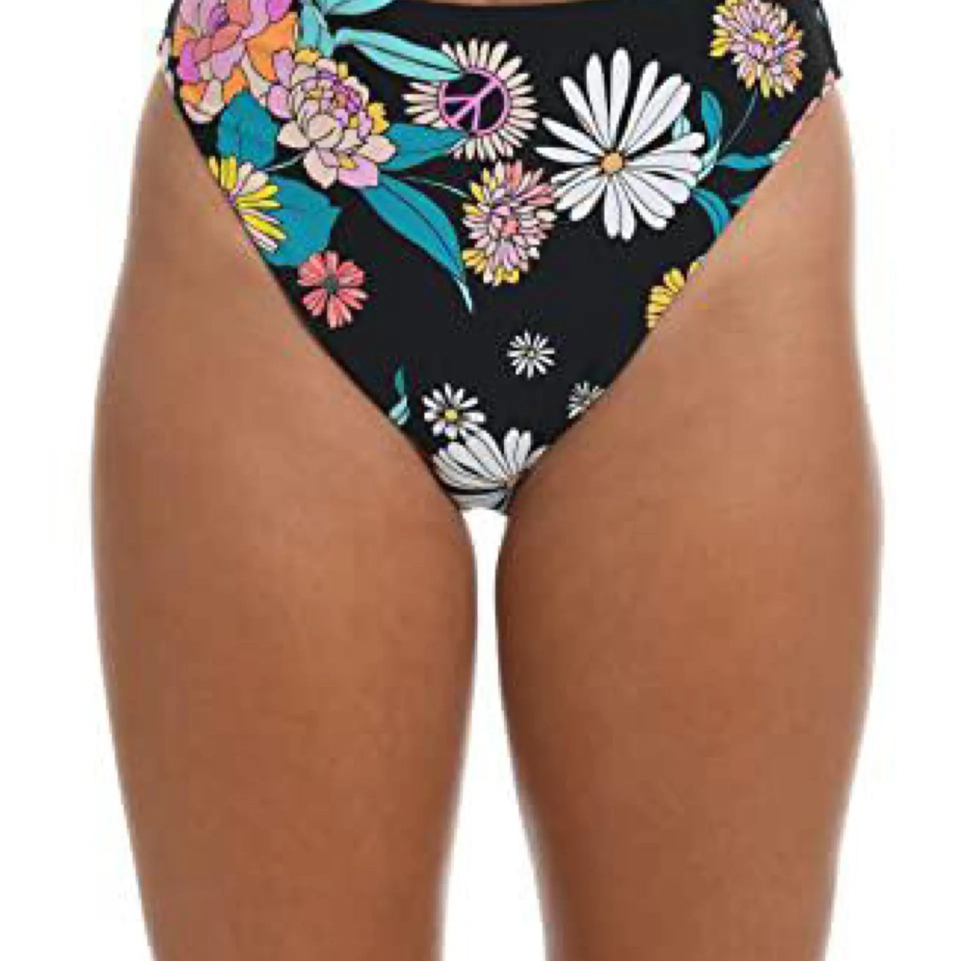 Hobie Women's Standard Hi Waist Bikini Swimsuit Bottom, Black//Peace, Love, & Daisies Hobie