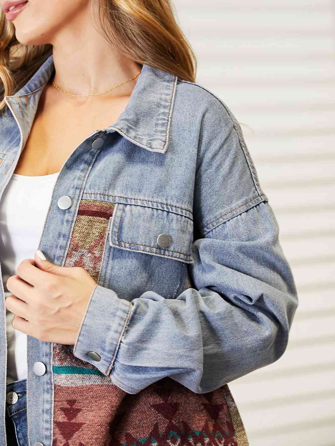 Collared Neck Dropped Shoulder Denim Jacket Trendsi