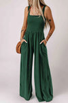 Smocked Square Neck Wide Leg Jumpsuit with Pockets - Makuwa Swim Wear