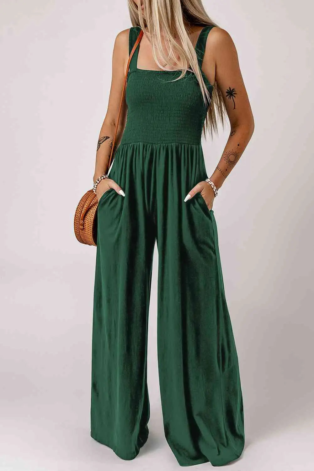 Smocked Square Neck Wide Leg Jumpsuit with Pockets - Makuwa Swim Wear