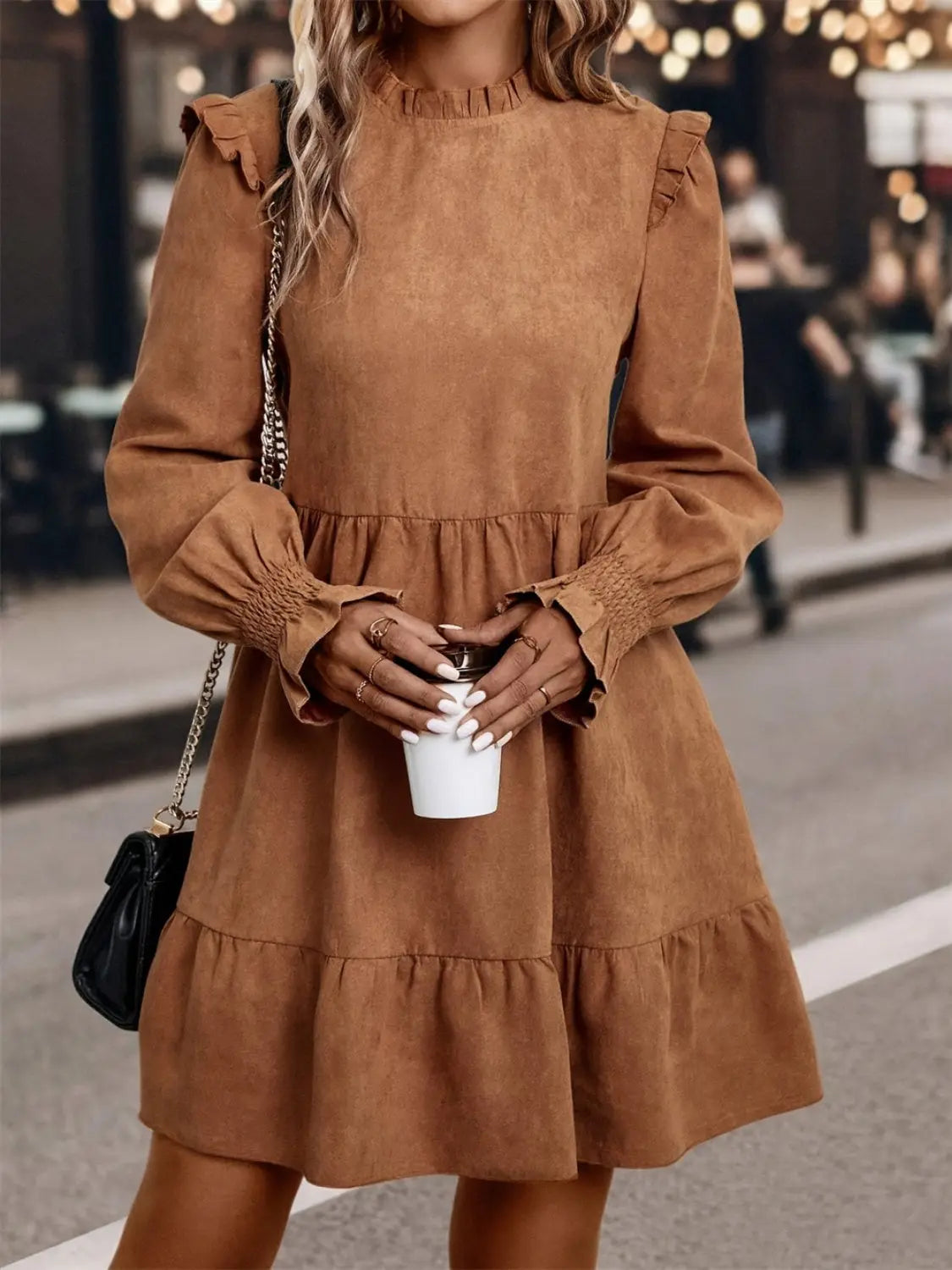 Frill Round Neck Long Sleeve Mini Dress Trendsi