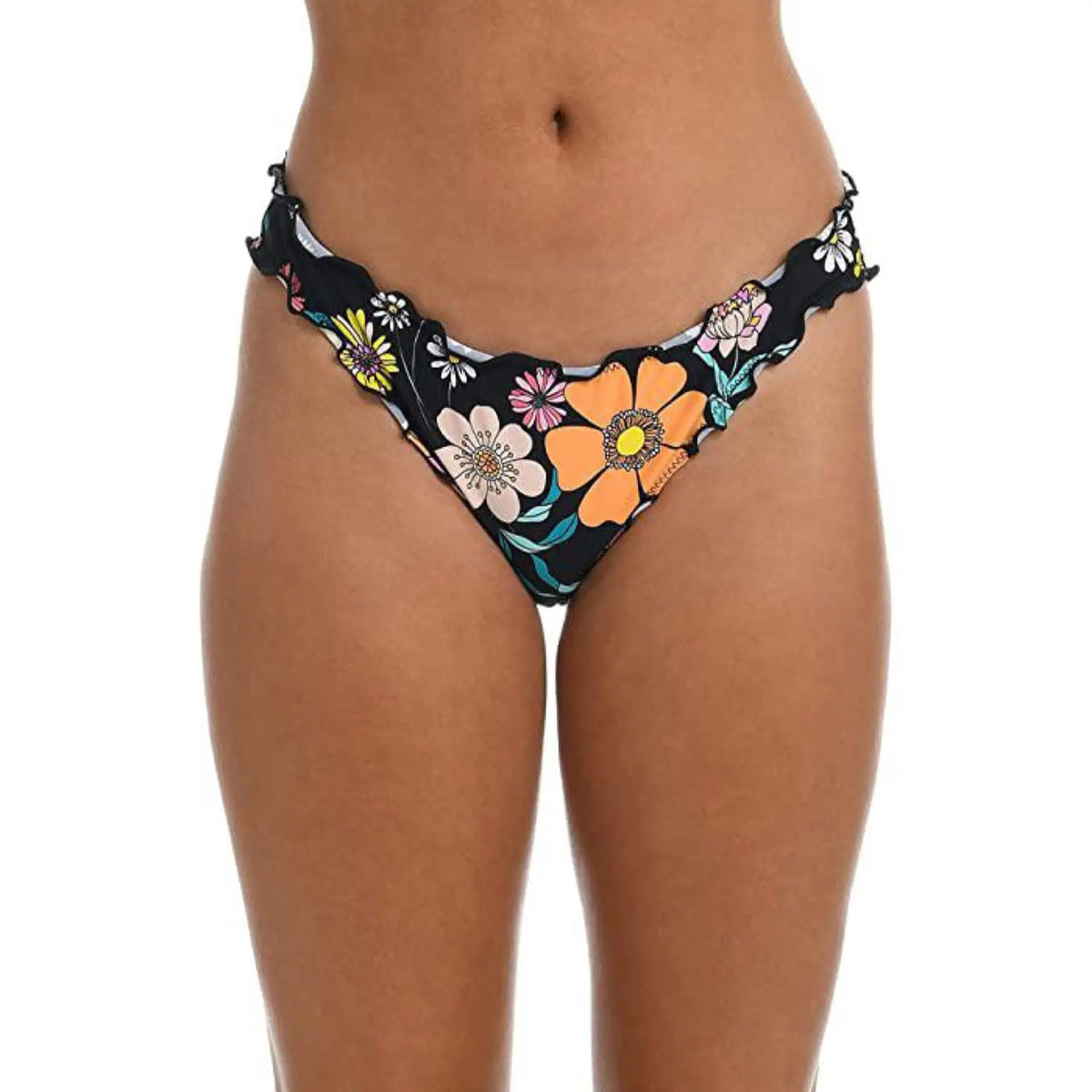 Hobie womens Cinched Back Hipster Swimsuit Bikini Bottoms, Black Peace, Love, & Daisies Hobie