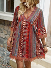 Lace Trim Printed V-Neck 3/4 Sleeve Dress Trendsi
