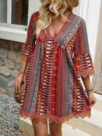 Lace Trim Printed V-Neck 3/4 Sleeve Dress Trendsi